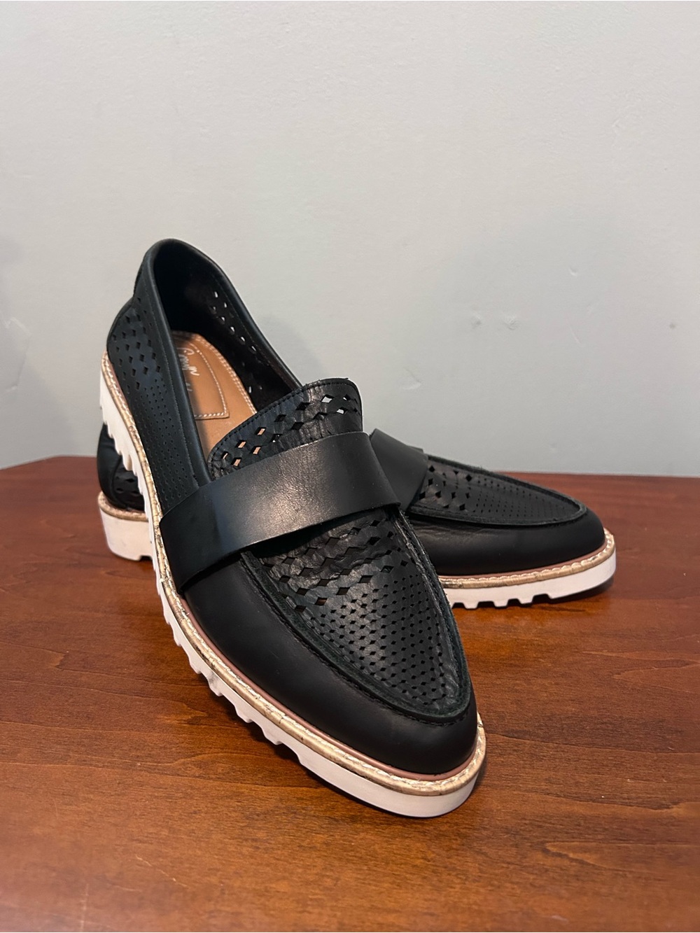 Crown vintage MIA Black Leather loafer with White Stitching. white lug sole.10